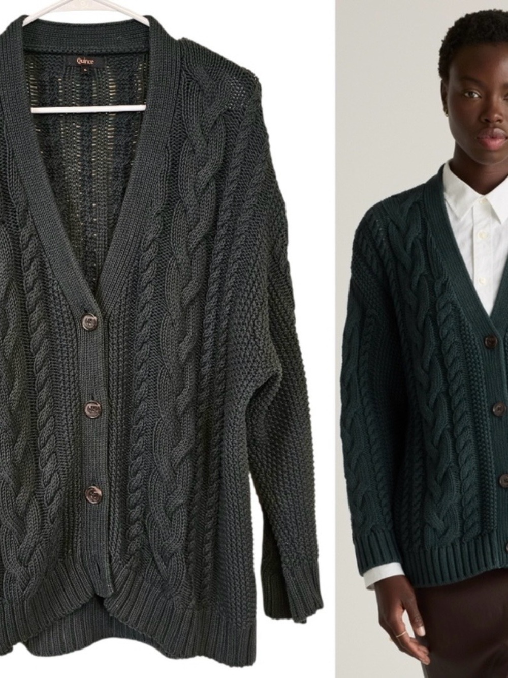 Quince Dark Green Cable Knit V-Neck Women’s Cotton Sweater Cardigan